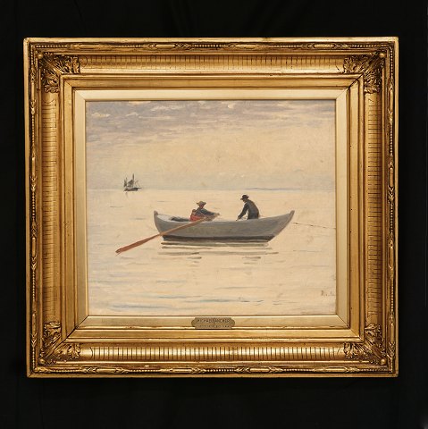 Michael Ancher, 1849-1927: "Fishermen at Skagen". 
Oil on canvas. Signed "MA" circa 1920. Visible 
size: 37x43cm. With frame: 59x65cm