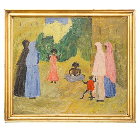 Olivia Holm-Møller, 1875-1970, oil on canvas. 
Landscape with children and women. Signed. Visible 
size: 67x78cm. With frame: 79x90cm