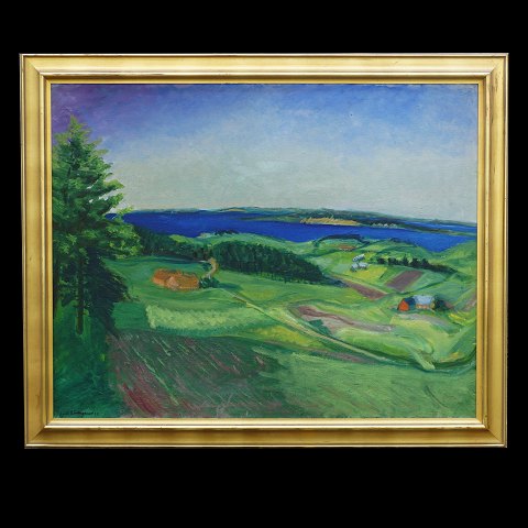 Jens Søndergaard, 1895-1957, oil on canvas. 
Landscape at the Limfjord at Humlum. Signed and 
dated 1934. Visible size: 94x119cm. With frame: 
110x135cm