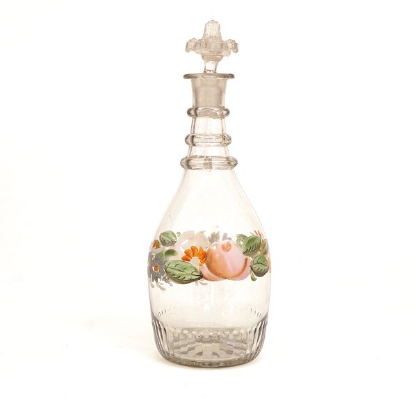 Enamel decorated decanter, glass. Made circa 1860. H: 27cm