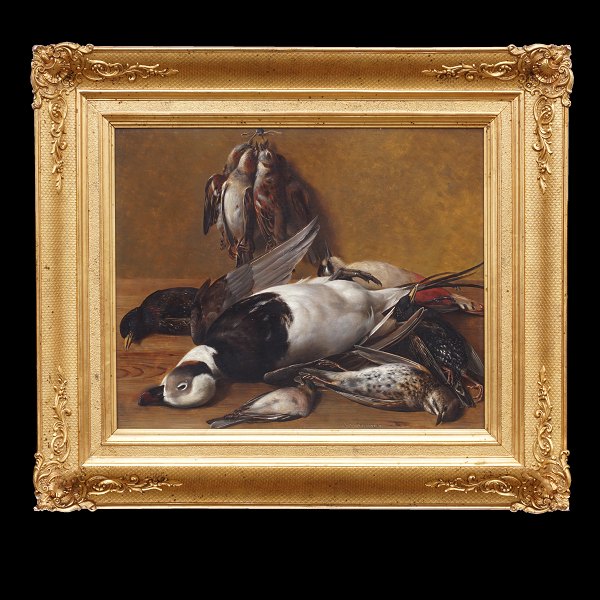 I. L. Jensen, Denmark, 1800-56: Nature morte. Oil on wood. Signed circa 1830. 
Visible size: 35x43cm. With frame: 54x62cm