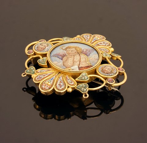 Grand Tour souvenir broche, 18kt guld, med mosaik