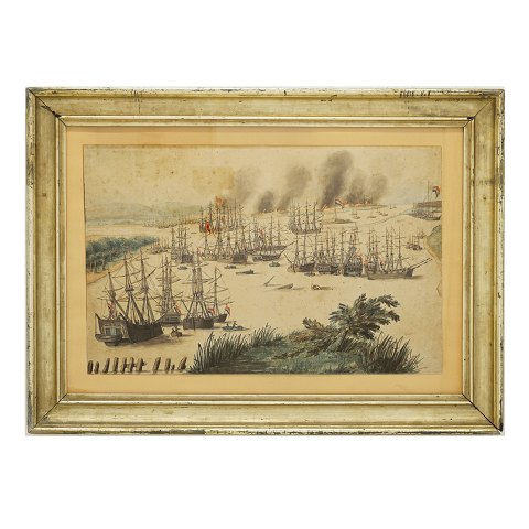 Skibsakvarel med talrige skibe i bugt. Malt ca. år 1830. Lysmål: 33x52cm. Med ramme: 50x69cm