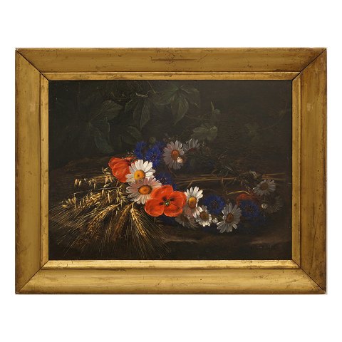 I. L. Jensen, 1800-56: Krans af vilde blomster, havre og byg. Olie på plade. Signeret "I L Jensen". Lysmål: 28x37,5cm. Med ramme: 38x47,5