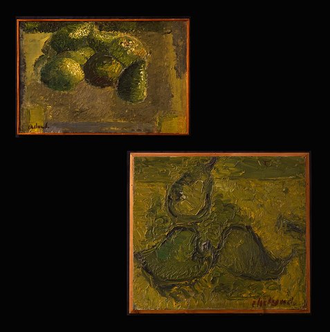 Poul Ekelund, 1921-76, olie på plade: To stilleben med frugter. Lysmål: Hhv. 18x26,5 & 25x29cm