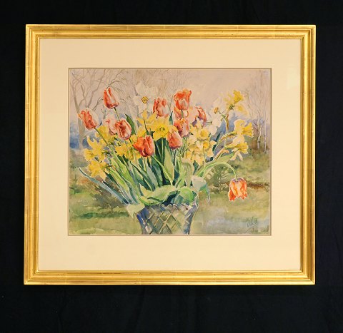 Storfyrstinde Olga Alexandrova af Rusland: Stilleben med blomster, akvarel. Signeret. Ca. år 1930. Lysmål: 35x42cm. Med ramme: 54x61cm