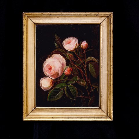 I. L. Jensens skole: Blomsterbillede med lyserøde roser, olie på lærred. Danmark ca. år 1830. Lysmål: 26,5x20cm. Med ramme: 34,5x28cm