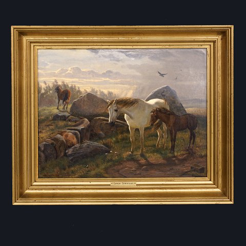 Simon Simonsen, 1841-1928: Tre heste stående på bakketop i opklaring efter uvejr. Dateret og signeret 1864. Lysmål: 31x40cm. Med ramme: 42x51cm