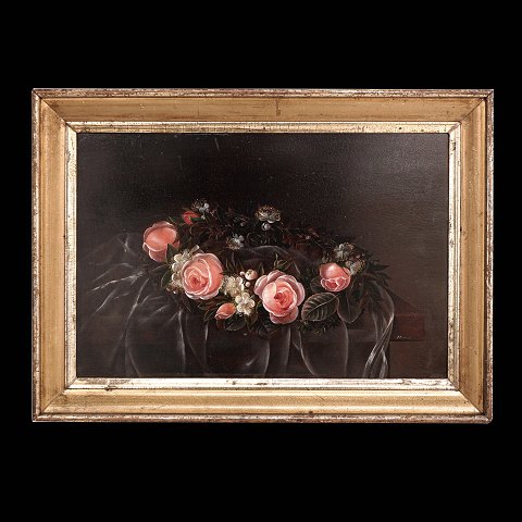 Hanne ell. Johanne Hellesen(?), 1801-44: Stilleben med roser, olie på træ. Signeret. Lysmål: 26,5x40,5cm. Med ramme: 36x50cm