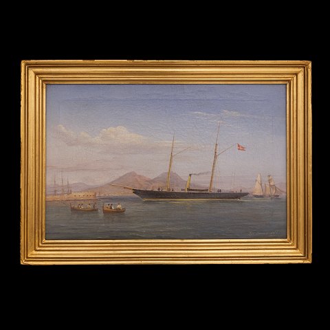 De Simone: Marinemotiv fra Italien med dansk skib. Signeret og dateret 1866. Lysmål: 32x49cm. Med ramme: 41x58cm