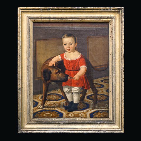 Ubekendt kunstner: Portræt af barn med hund. Olie på lærred. Ca. år 1830-50. Lysmål: 36x29cm. Med ramme: 46x39cm