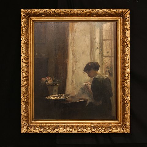 Carl Vilhelm Holsøe, 1863-1935, the artist's wife at the window. Signed. Oil on plate. Visible size: 52x43cm. With frame: 66x57cm