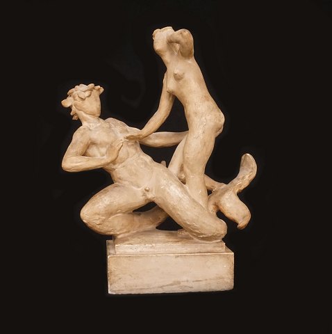 Johannes C. Bjerg, 1886-1955: Skulptur i patineret gips, "Agnete og Havmanden". Signeret. H: 48cm. L: 37cm. D: 17cm