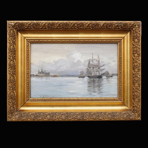 Carl Locher, 1851-1915: Skibe ved Kronborg. Olie på lærred. Signeret. Lysmål: 22x35cm. Mit Rahmen: 40x53cm