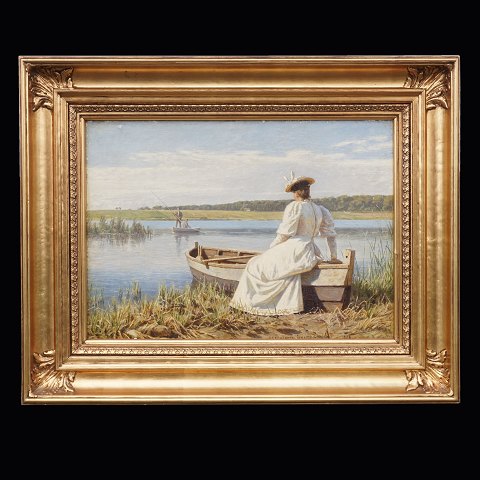 N. F. Schiøttz-Jensen, 1855-1941: Kvinde ved båd. Olie på lærred. Signeret og dateret 1896. Lysmål: 34x47cm. Med ramme: 54x67cm