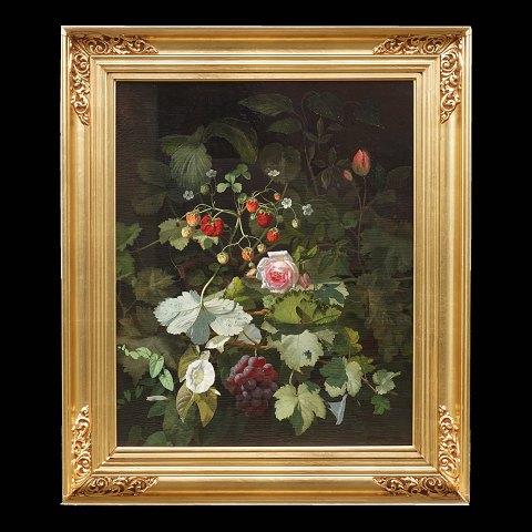 O. D. Ottesen, Broager, 1816-92: Stor blomsteropstilling. Olie på plade. Signeret og dateret 1860. Lysmål: 64x52cm. Med ramme: 81x73cm