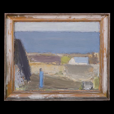 Johannes Hoffmeister, 1914-90, olie på plade. Person i landskab. Signeret. Lysmål: 50x60cm. Med ramme: 62x72cm