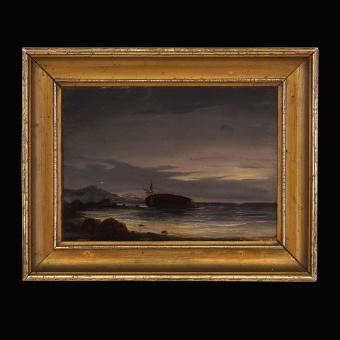 Anton Melbye, 1818-75, olie på plade: Parti med skibsvrag. Lysmål: 21x29cm. Med ramme: 31x39cm