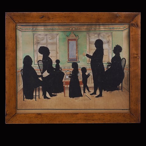 Silhuetbillede visende familie med børn. Akvarel. Signeret "Bruun 1832". Lysmål: 34x44cm. Med ramme: 42x52cm
