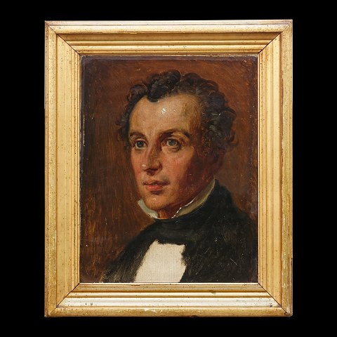 Wilhelm Marstrand, 1810-73: Skitse til parti af maleriet "Frierens Besøg", olie på lærred. Bagside betegnet "Marstrand. Kjøbt på Marstrand Auktionen ved juletid 1873". Lysmål: 36x28cm. Med ramme: 47x39cm