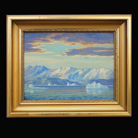 Emanuel A. Petersen (Emanuel Aage Petersen), 1894-1948, olie på plade. Parti fra Grønland med isbjerge. Signeret. Lysmål: 20x27cm. Med ramme: 31x38cm