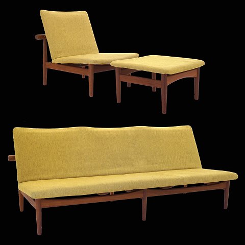 Finn Juhl: Japan sofa og loungestol med skammel. Originalt betræk. Fremstillet af France and Daverkosen med etiket herfra