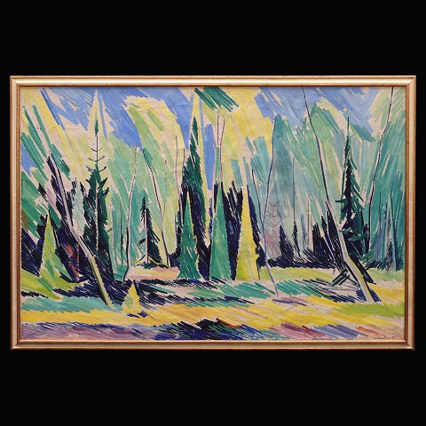William Scharff maleri. Willam Scharff, 1886-1959, olie på lærred. Stort skovparti. Signeret ca. år 1935. Lysmål: 105x159cm. Med ramme: 115x169cm
