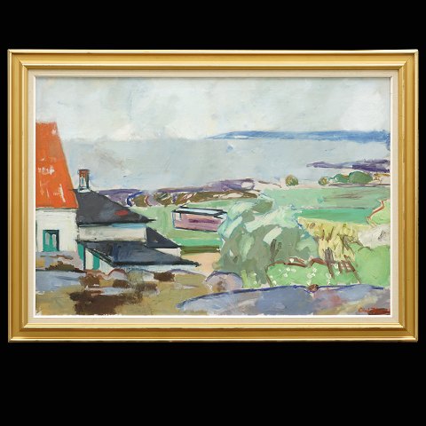 Olaf Rude, 1886-1957, Öl auf Leinen. Aussicht aus dem Atelier des Künstlers, Allinge, Bornholm. Signiert. Lichtmasse: 88x129cm. Mit Rahmen: 108x149cm