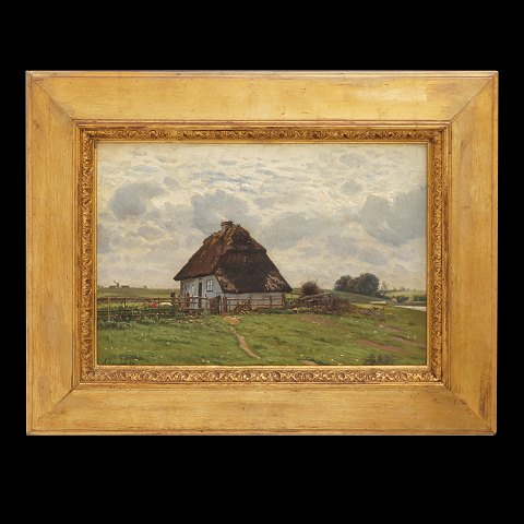 Anton Thorenfeldt, 1839-1907, olie på lærred. "Et bondehus ved Bauelse". Signeret og dateret 1888. Lysmål: 27x40cm. Med ramme: 45x58cm