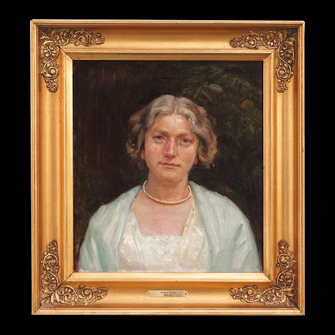 Michael Ancher Skagen. Michael Ancher, 1849-1927, olie på lærred. Portræt (Engel Cathrine Saxild, Fru Lachmann?). Signeret og dateret 1914. Lysmål: 33x30cm. Med ramme: 45x42cm