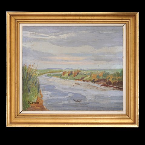 Johannes Larsen maleri. Johannes Larsen, 1867-1961, olie på lærred. Fugl i ålandskab. Signeret og dateret 1920. Lysmål: 43x51cm. Med ramme: 58x66cm