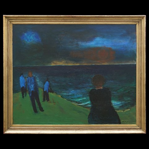 Jens Søndergard maleri. Jens Søndergaard, 1895-1957, olie på lærred: "Aften ved Havet". Signeret og dateret. Lysmål: 100x120cm. Med ramme: 116x136cm