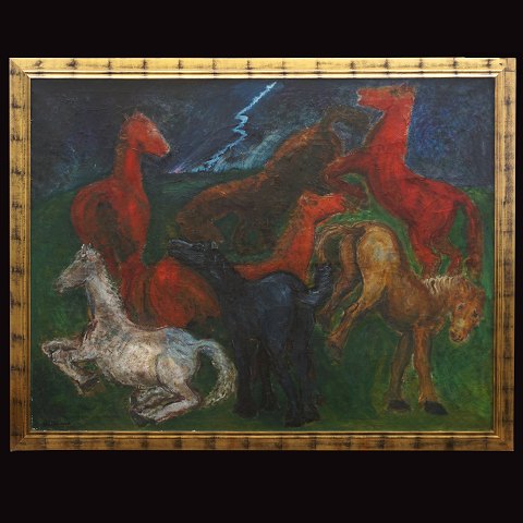 Jens Søndergaard maleri. Jens Søndergaard, 1895-1957, olie på lærred. "Heste i uvejr". Signeret og dateret 1932. Lysmål: 167x208cm. Med ramme: 185x226cm
