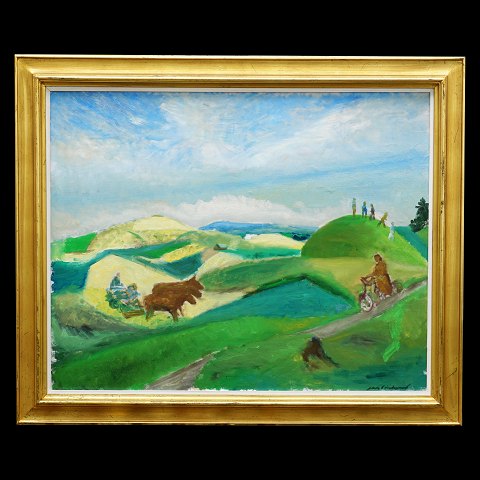 Jens Søndergaard maleri. Jens Søndergaard, 1895-1957, olie på lærred. Landskab med mennesker, hus og dyr. Signeret. Lysmål: 80x100cm. Med ramme: 100x120cm