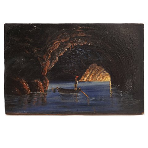 Unbekannter Künstler: Die Blaue Höhle, Capri, Öl auf Holz. Masse: 7,3x11,2cm.