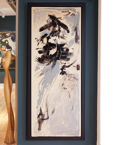 Asger Jorn, 1914-73, komposition malt på venneparret Alistair & Julia Lawsons badeværelsesdør i deres hjem i England med dedikation til venneparret. Signeret Jorn 1965. Lysmål: 197x75cm. Med karm: 210x88cm