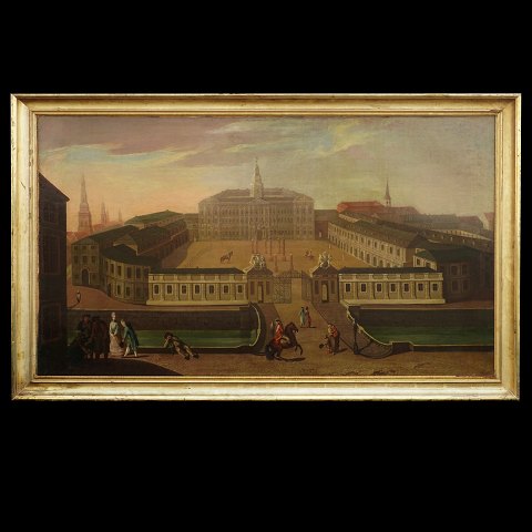Stort parti med motiv i form af Christiansborg med Ridebanen og folkeliv i forgrunden. Olie på lærred. Malt ca. år 1755. Lysmål: 134x78cm. Med ramme: 147x91cm