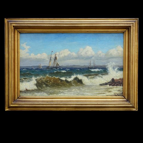 Christian Blache marine maleri. Christian Blache, 1838-1920, olie på lærred. Sejlskibe i oprørt hav ud for kyst. Signeret. Lysmål: 34x56cm. Med ramme: 51x73cm