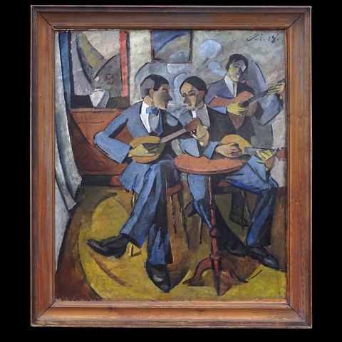 Victor Isbrand, 1897-1988, Öl auf Platte. 
Kubistische Komposition, "Das Trio stimmt ihre 
Instrumente". Signiert und datiert 1918. Mehrmals 
ausgestellt und in der Literatur abgebildet. 
Lichtmasse: 105x88cm. Mit Rahmen: 121x106cm