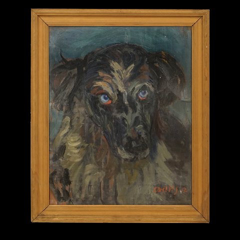 Axel P. Jensen, 1886-1972, Öl auf Pappe. Porträt 
einen Hundes. Signiert und datiert 1912. 
Lichtmasse: 42x33cm. Mit Rahmen: 50x41cm