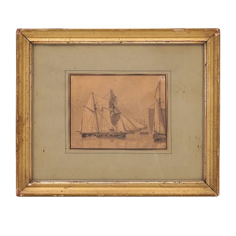 C. W. Eckersberg, 1783-1853, tegning med marinemotiv. Lysmål: 12,5x16cm. Med ramme: 27,5x33cm