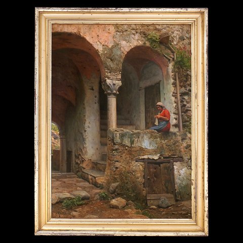 Peder Mønsted painting. From Ravello, Italy, 
signed and dated 1927. Visible size: 99x69cm. With 
frame: 130x100cm