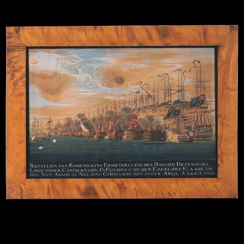 Watercolor showing the sea battle at Copenhagen 
2nd April 1801. Visible size: 42x61cm. With frame: 
55x74cm