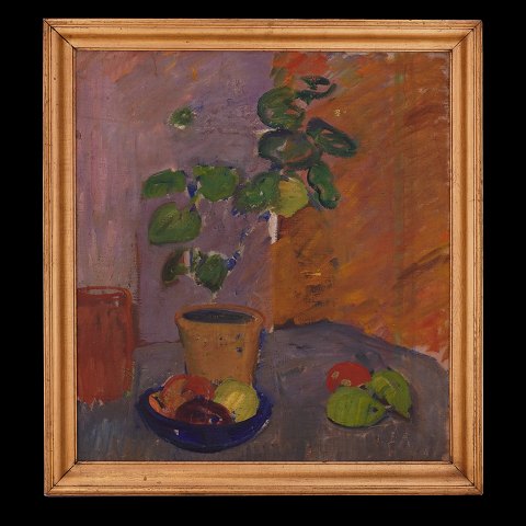 Karl Isakson maleri. Karl Isakson, 1878-1922, stilleben med pelargonie og frugter, olie på lærred. Lysmål: 57x52cm. Med ramme: 66x61cm