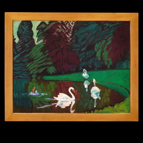 Jens Ferdinand Willumsen, 1863-1958, oil on 
canvas. Signed and dated 1935. Lake with swans. 
Visibe size: 72x90cm. With frame: 85x103cm