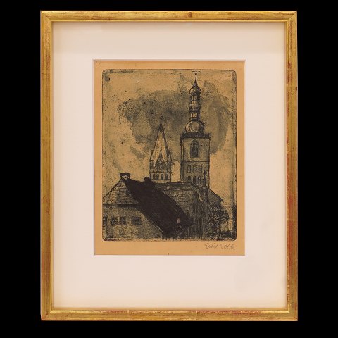 Emil Nolde etching and pencil. Towers of Petri and 
Patrocil in Soest, Germany. Signed Emil Nolde. 
1906. Visible size: 22x17cm. With frame: 34x28cm