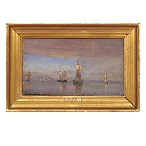 Christian Blache, 1838-1920, oil on canvas. 
Seascape with Danish ships. Signed. Visible size: 
20x36cm. With frame: 31x47cm