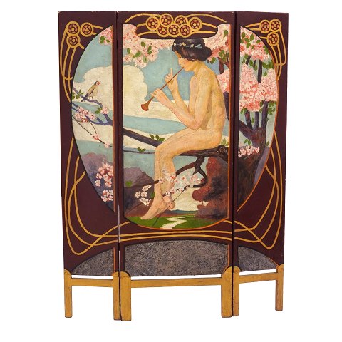 Harald Slott-Møller, 1864-1937, Art Nouveau 
Paravent with a woman playing the flute in a 
landscape with cherry trees. Denmark circa 1900. 
H: 142cm. W: 104cm