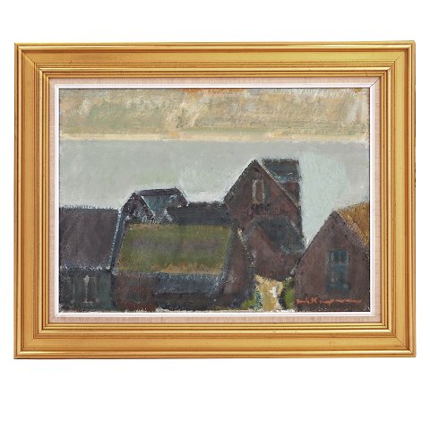 Jack Kampmann painting village, Faroe Islands. 
Jack Kampmann, 1914-89, oil on canvas. Signed Jack 
Kampmann. Size: 46x65cm. With frame: 66x85cm