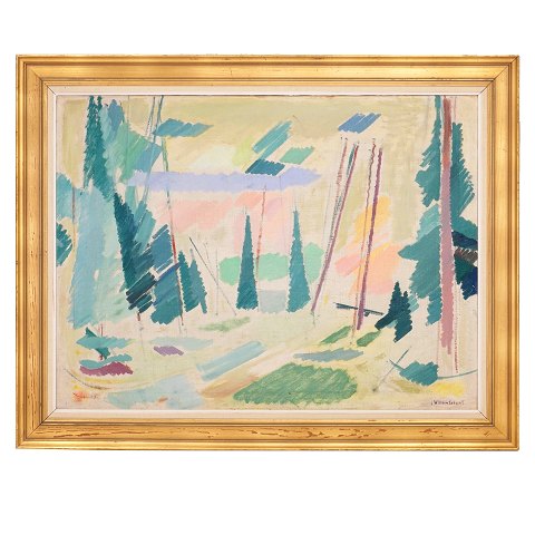 William Scharff maleri. William Scharff, 
1886-1959, olie på lærred. Motiv sandsynligvis fra 
Tisvilde Hegn. Signeret William Scharff. Lysmål: 
72x97cm. Med ramme: 90x115cm